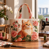 ハンドメイド・キルティングトートバッグ｜茶色い猫とバラ