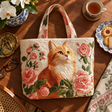 ハンドメイド・キルティングトートバッグ｜茶色い猫とバラ