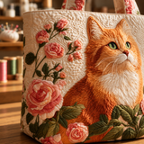 ハンドメイド・キルティングトートバッグ｜茶色い猫とバラ