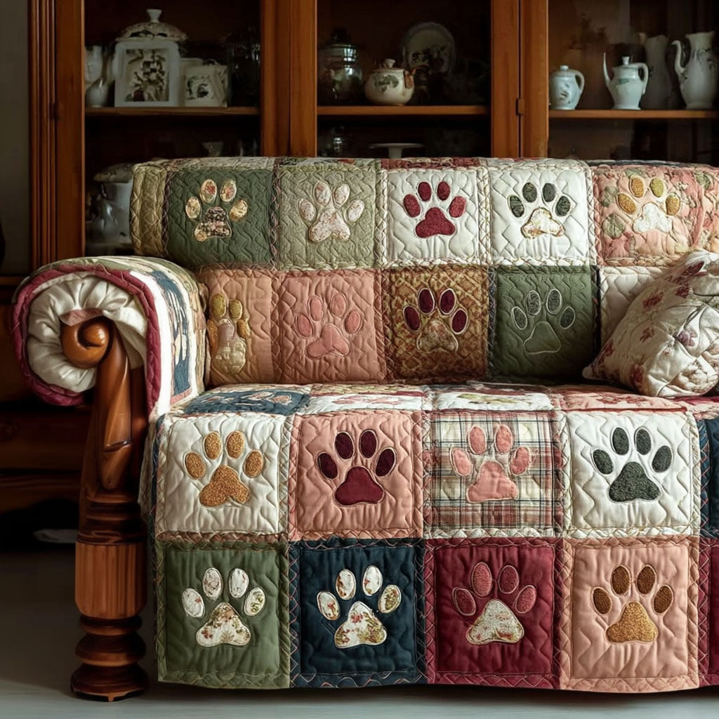 Myrtie - Quilted Sofa Cover with Paw Prints