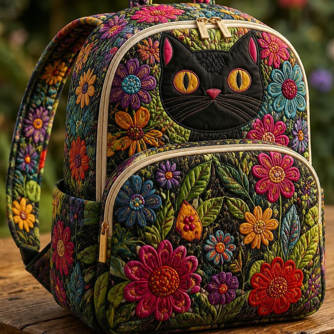 Padded Backpack - Black Cat and Wildflowers – front view