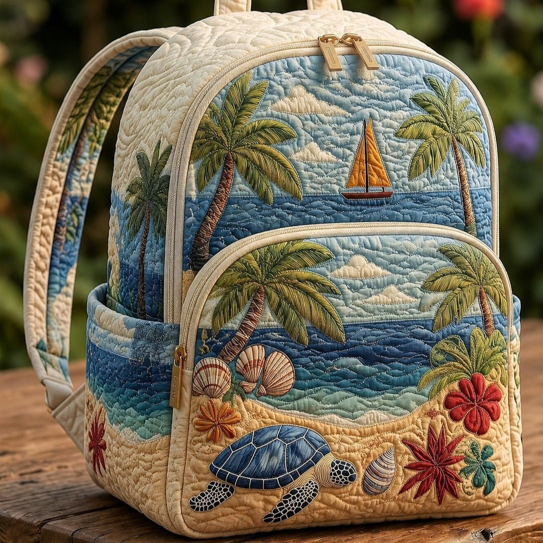 Padded Backpack - Sea Turtle on a Tropical Beach – front view