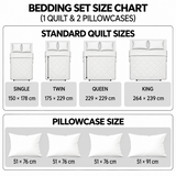 Bedding set size chart – quilt and two pillowcases